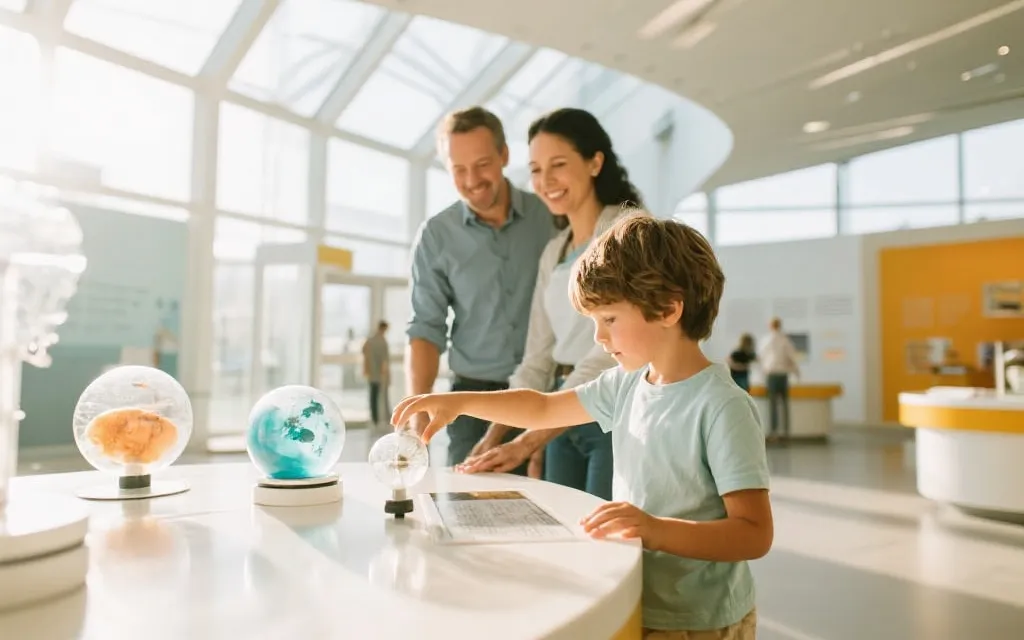湾区亲子度假：孩子在互动科学展品前探索，明亮自然光与温暖氛围